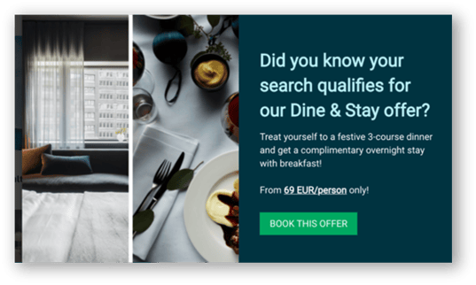 Exit message on the booking engine promoting a Dine & Stay offer