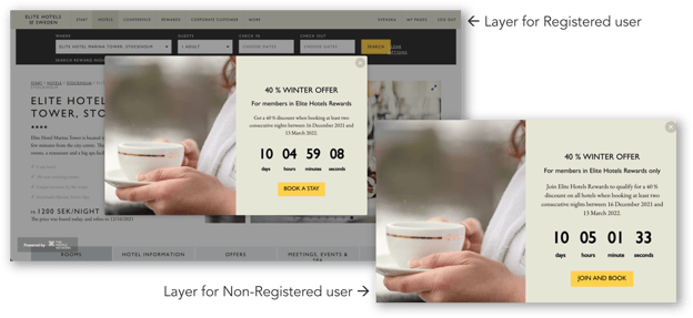 Layer on the homepage promoting a 40% winter offer with a slightly different message for registered user and non-registered user