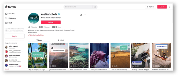 High user engagement visible on the Meliá Hotels International TikTok account