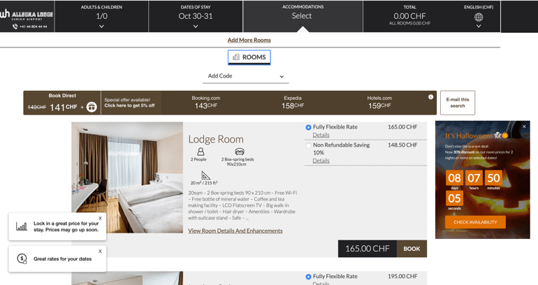 Layer on the Rooms & Rates page reminding visitors of the exclusive offer