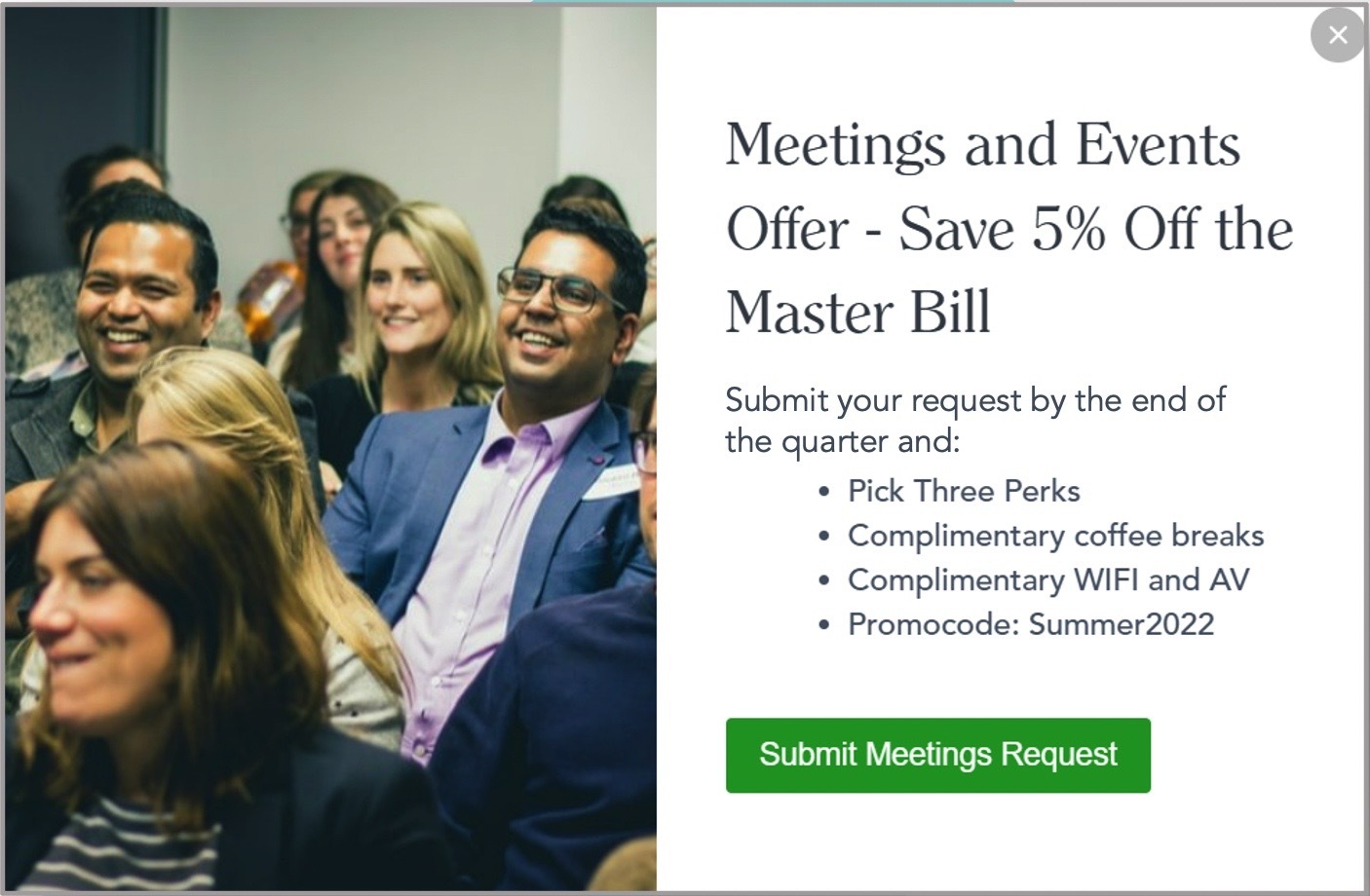 hotel website meeting and events offer message